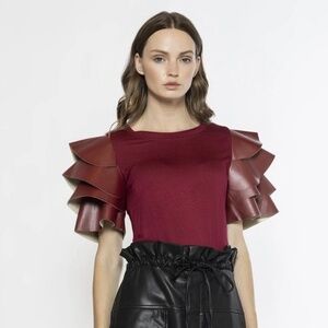 NWT Gracia Ruffled Pleather Tiered Short Sleeve Top - size M
